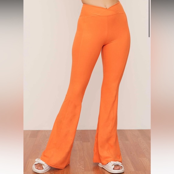 Sustainable Wolven Flared Crossover Waistband Tangerine Leggings - Picture 1 of 9